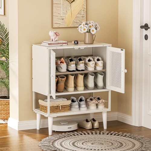 Shoe Storage Cabinet with Visible Mesh Doors for Entryway, Small Shoe Organizer Holds 12-16 Pairs of Shoes up to 11.8"L, Freestanding Wooden Shoe Rack with Front Door for Hallway, Living Room (White) Lyuwanxian