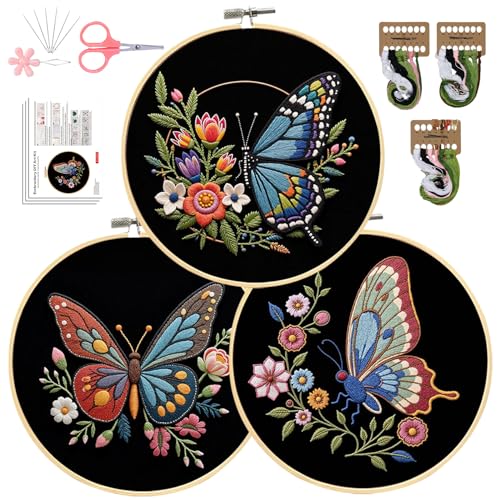 Santune Embroidery Kit Needlepoint Cross Stitch Kits for Beginners Adult Needle Point Sets with Butterfly Embroidery Patterns, Includes Step-By-Step Instructions and Accessories