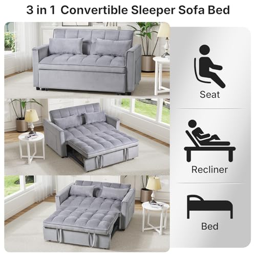 Rovibek 3 in 1 Sleeper Sofa Bed, 53'' Pull Out Couch Convertible Futon Loveseat with Adjustable Backrest, Velvet Sleeper Chaise Lounge Futon for Apartment Office Small Space, Grey Rovibek