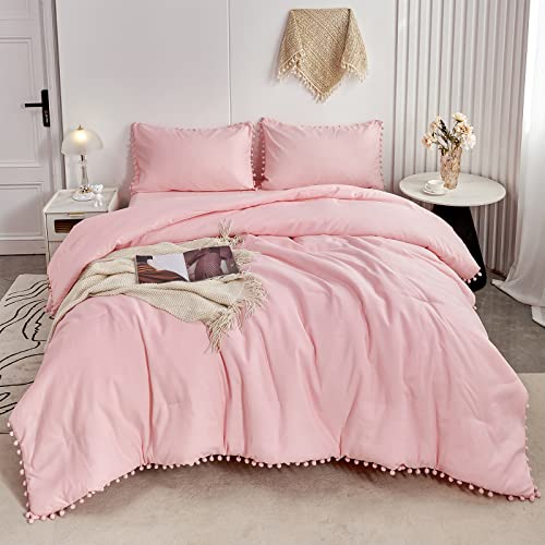 PERFEMET 5 Pcs Pink Pom Pom Comforter Twin Size Aesthetic Boho Pom Fringe Bedding Set with Sheet Ultra Soft Lightweight Farmhouse Bedding Quilt Set for Girls Kids(Pink, Twin) PERFEMET