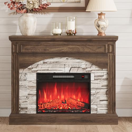 IDEALHOUSE Fireplace TV Stand for 65 Inch TVs, Farmhouse Tall Wood Entertainment Center with Electric Fireplace & Mantel, Adjustable 3D Flame, Remote Control, Walnut Finish for Living Room, Walnut IDEALHOUSE