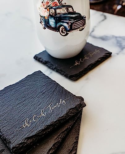 Engraved Slate Coasters for Drinks Custom Coaster Set Monogrammed Initial Name Personalized Gift for Couples Handmade by The Painted Pug (Engraved Slate) The Painted Pug