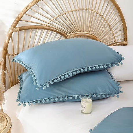 YIRDDEO Queen Comforter Set - Comforter Queen Size Sets with Ball Pom Fringe, Soft Bedding Set for All Seasons - 3 Pieces, 1 Comforter (90"x90") & 2 Pillow Shams (20"x26"), Dusty Blue YIRDDEO