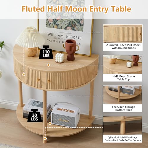 XUZENEST Fluted Half Moon Console Table, Modern Small Entry Table Sofa Table with Storage, Solid Wood Legs Narrow Entryway Table for Living Room, Hallway, Foyer(Natural) XUZENEST