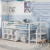MoproBeti Low Loft Bed with Stairs, Metal Kids Loft Bed with Storage Cubby, Twin Low Loft Bed with Safety Guardrail and Under-Bed Play Space for Girls Boys,No Box Spring Needed,White MoproBeti