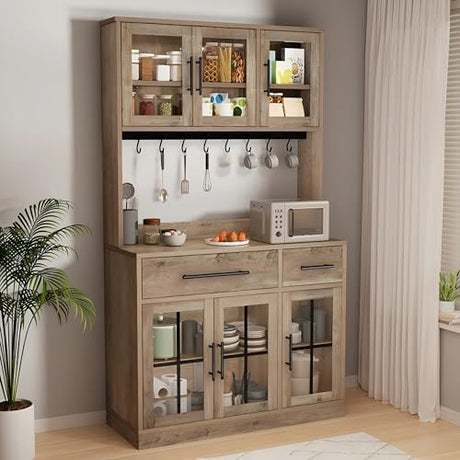 YITAHOME 71" Farmhouse Kitchen Pantry Storage Cabinet with Power Outlet, Freestanding Glass Door Display Pantry Hutch with Microwave Stand & Adjustable Shelves & Large Countertop for Home, Lvory Grey YITAHOME