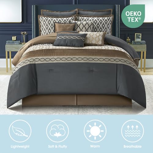 LANCO MODERN LIFESTYLE King Size Comforter Set, Grey Brown, 10 Piece Bed in a Bag for All Seasons, Luxury Extreme Comfort Bedding Sets with Bedskirt, Pillow Shams, Euro Shams and Decor Pillows LANCO MODERN LIFESTYLE