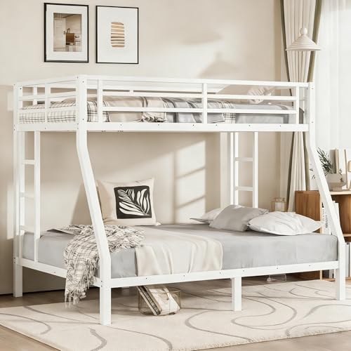 Twin over Full Metal Bunk Beds for Kids Teens Adults, Heavy-duty Metal Bunk Bed Frame with Guardrail, 2 Ladders & Under-bed Storage for Bedroom Guest Room Dorms, Space-saving/Noise-reduce, White Bellemave
