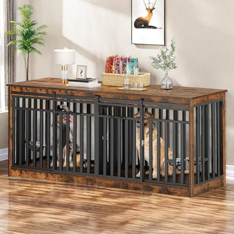 YITAHOME 71 Inch Double Dog Crate Furniture for 2 Dogs, Heavy Duty Wooden Dog Crate TV Stand with 4 Dog Bowls, Dog Kennel Indoor Furniture Sliding Barn Door Design for Extra Large Dogs, Rustic Brown YITAHOME