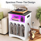 HOOBRO Farmhouse Record Stand with Charging Station and LED Lights, Compact Vinyl Storage Cabinet Holds Up to 230 Albums, Turntable Holder for Living Room, Bedroom, Black and White WB40UDRS01 HOOBRO