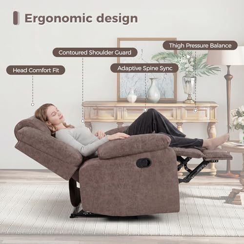 ANJ Manual Recliner Chair for Adults, Faux Leather Reclining Chair with Padded Arms and Overstuffed Backrest, Single Recliner Sofa for Living Room, Coffee Brown