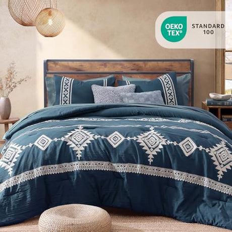 MaiRêve Embroidery Queen Size Comforter Set Navy Blue, Boho Farmhouse Western Bedding Set 7 Pieces, All Season Bed in A Bag Comforter Set with Sheets, Pillowcases & Shams MaiRêve