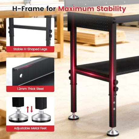 ENJOYWOOD 60'' Heavy Duty Workbench 3000 LBS Load Capacity Adjustable Height Garage Work Bench with Pegboard, Storage Shelf, Power Outlets and LED Light ENJOYWOOD