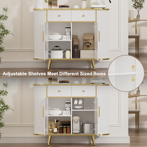 LUMIINOFAMI Sideboard Buffet Cabinet with Storage, 43.3'' Modern Coffee Bar Entryway Cabinet with Drawers, Console Table with Storage Gold Sealed Edge Luxury Style for Living Room, Hallway (White) LUMIINOFAMI