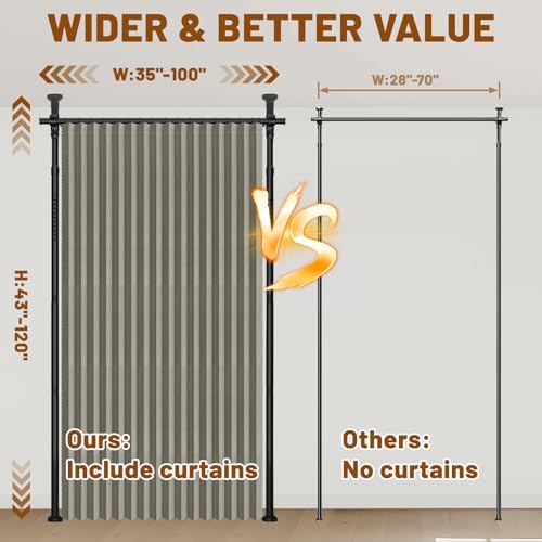 AJAZZ Privacy Curtains for Room Divider with Blackout & Soundproof (Grey, W100 x L84 in, 1 Panel)+ No Drill Curtain Rods(H) 43-120×(W) 35-100 in, Wall Divider for Bedroom/Studio/Office Curtain AJAZZ