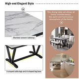 Merax Modern Style 6-Person Dining Table Set with 4 Chairs & a Bench, Marbled Veneers Tabletop and V-Shaped Table Legs, White Merax