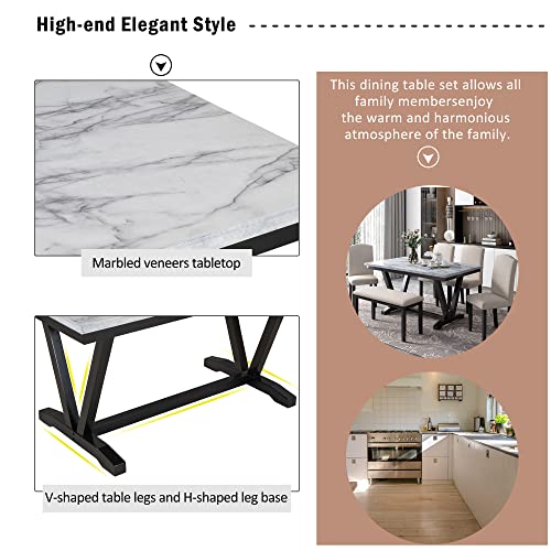 LUMISOL Faux Marble Dining Table Set with Bench and Chairs for 6 Persons Solid Wood Kitchen Dining Room Table Set, WarmWhite LUMISOL