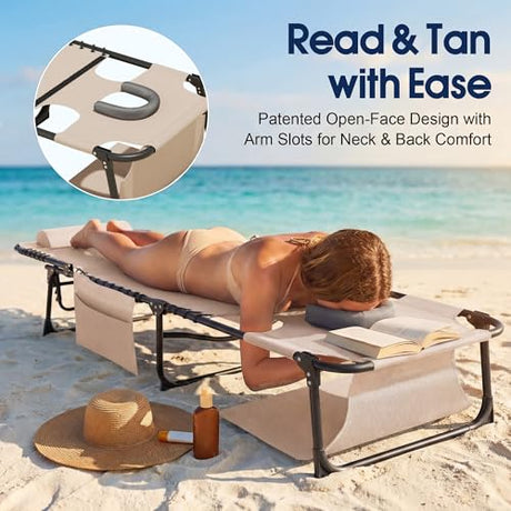 Flamaker Oversize Face Down Chaise Lounge Chair, 27 Inch Wide Foldable Outdoor Patio Chair, 5-Position Adjustable Tanning Chair with Face& Arm Holes for Sunbathing, Pool, Beach, Lawn (Beige, 1 Pcs) Flamaker