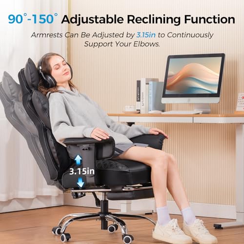 COMHOMA Big and Tall Office Chair 400LBS Wide Ergonomic Gaming Chair with Deluxe Embossing Designed Leather with Foot Rest,150°Reclining Adjustable Armrests Pocket Spring Back Support and Pillow COMHOMA