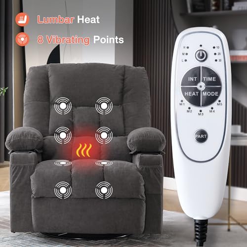 Massage Swivel Recliner Chair with Vibration Massage and Lumbar Heating for Adults,Oversized Rocker Recliner Single Sofa with Side Pocket,Two Cup Holders and USB Charge Port for Living Room