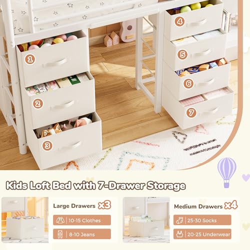 Low Loft Bed Twin Size with 7 Storage Drawers, Desk and LED Lights, Heavy Duty Metal Kids Loft Bed with 12" H Safety Guardrail, Anti-Collision Pad, Private Play Curtain, Under-Bed Play Space (White) Jocoevol