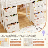 Low Loft Bed Twin Size with 7 Storage Drawers, Desk and LED Lights, Heavy Duty Metal Kids Loft Bed with 12" H Safety Guardrail, Anti-Collision Pad, Private Play Curtain, Under-Bed Play Space (White) Jocoevol