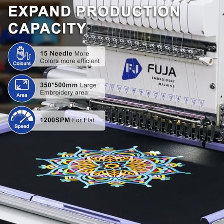 FUJA 15 Needle 14"x20" Large Area Commercial Embroidery Machine,1200 SPM High Speed, 10" Touch Screen, WiFi, Auto Color Change & Trim, for Hats, Jackets, Hoodies, T-Shirts and Patches FUJA