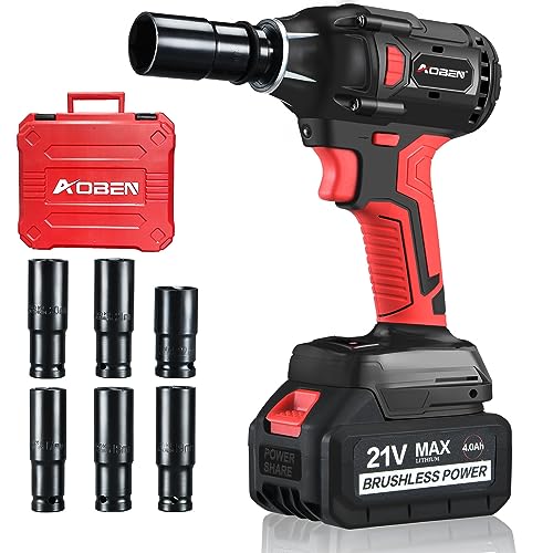 AOBEN 21V Cordless Impact Wrench, 400N.m Max Torque, 3000rpm Speed, 4.0Ah Li-ion Battery, 6Pcs Driver Sockets, Fast Charger, Tool Bag AOBEN