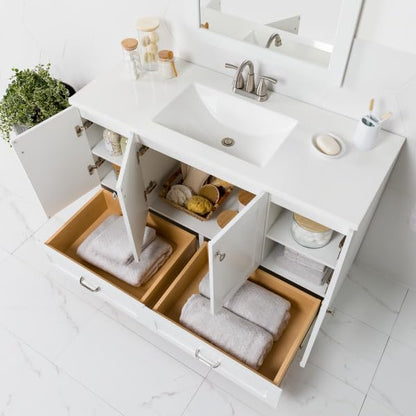 Spring Mill Cabinets Emlyn 48 Inch Bathroom Vanity with White Single Sink Top, 3 Cabinets, 2 Shelves, 2 Drawers, 48.5" W x 18.75" D x 32.89" H, White