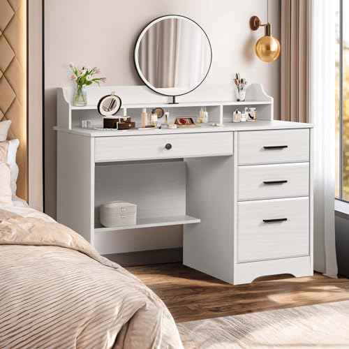 Catrimown Computer Desk with Storage Drawers and Hutch, 44 Inch Home Office Desks with 4 Drawers & Monitor Stand for Small Space, Small White Desk Writing Table Study Desks for Bedroom, White Catrimown