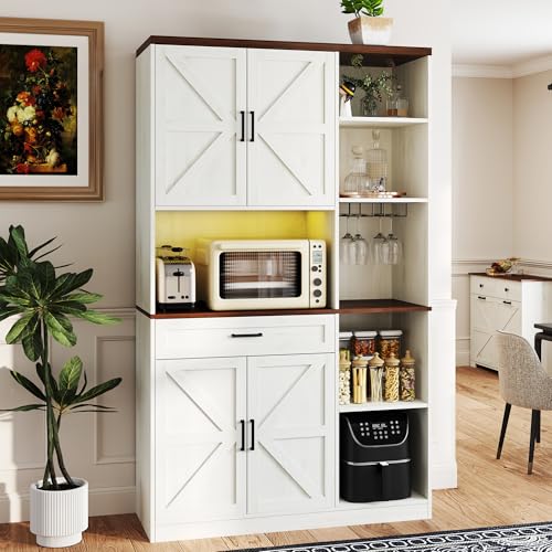 71" Kitchen Pantry Cabinet with Charging Station & LED Light,Freestanding Buffet Storage Cabinets with Adjustable Shelves,Farmhouse Kitchen Hutch with Microwave Stand for Dining Room (White+Brown) Anwick