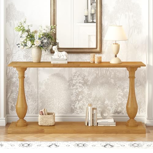 Merax Vintage Console Table with Pine Veneer and Elegance Vase-Leg Design, Sofa Table with Double-Layer Storage for Living Room, Study Room, Entryway Bedroom, Natural Merax
