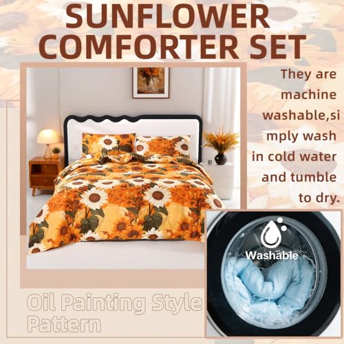 MAG 3Pcs Sunflower Full Comforter Sets,Microfiber Floral Full Size Bedding Sets,Boho Orange Flower Pattern,All Season Included 1 Comforter + 2 Pillowcases for Kids Boys Girls,Breathable and Wrinkle. MAG