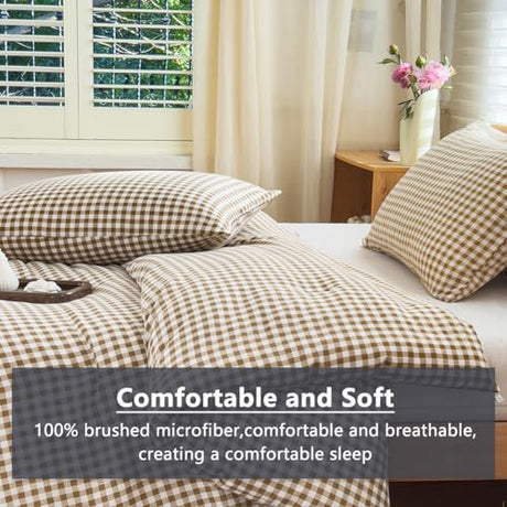 NSNLGSGC Twin Comforter Set, Tan Gingham Bedding Sets, Brown Grid Bed Comforter 2 Pieces (1 Comforter, 1 Pillowcase) NSNLGSGC
