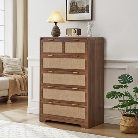 RUSTYER 43" Tall Dresser for Bedroom, 5 Drawer Mid Century Modern Dresser with Natural Linen, Curved Wood Chest of Drawers Closet Clothes Storage Organizer for Living Room, Hallway (Walnut) RUSTYER