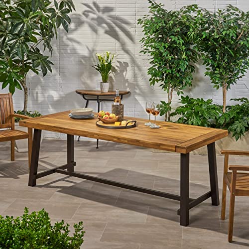 Great Deal Furniture Beau Outdoor Eight Seater Wooden Dining Table, Teak and Rustic Metal Finish - WoodArtSupply