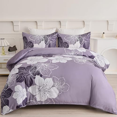 DJY King Duvet Cover Set 3 Piece Purple Flower Bedding King Set Breathable Comforter Covers with 2 Pillow Shams Zipper Stitch Bedding Duvet Cover Set for All Season (90"x104") DJY