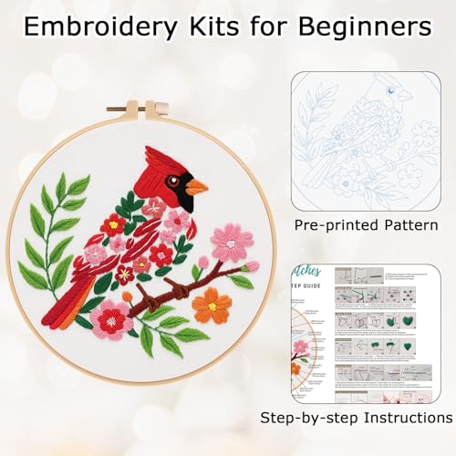 Louise Maelys Red Cardinal Bird Embroidery Kit for Beginners - Floral Hand Stamped DIY Embroidery Kits with Hoop, Threads & Needles - Easy Cross Stitch Starter Set for Adults