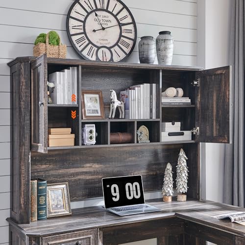 T4TREAM 59" Executive L Shaped Desk with Hutch,Victorian Wood Computer Desk, Featuring Charging Station,File Drawer, Storage Cabinet,for Home Office Work and Study (Dark Rustic Oak) T4TREAM