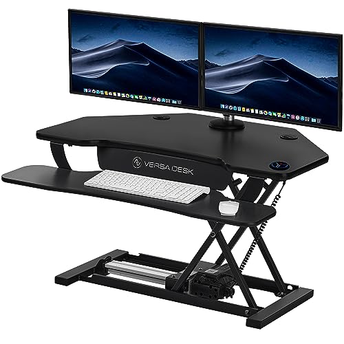 VERSADESK® PowerPro™ 36" Corner Standing Desk Converter, 36 Inch Motorized Height-Adjustable Standup Desk Riser Sit to Stand Desktop with Keyboard and Mouse Tray + USB Charging Port, Black VERSADESK