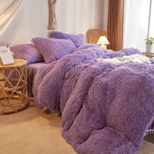 HAIHUA Faux Fur Purple Comforter Cover Queen Set, Soft Fuzzy Plush Purple Bedding Queen Set 3 Pieces (1 Furry Duvet Cover + 2 Fluffy Pillow Cases) Shaggy Bed Set, Zipper Closure HAIHUA