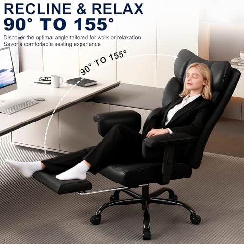 Misolant Big and Tall Office Chair with Footrest, High Back Executive Desk Chair with Adjustable Lift Armrest, 155°Recline，Lumbar Support Pillow, Faux Leather Gaming Chairs for Home or Office Black Misolant