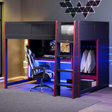 LZ LEISURE ZONE Gaming Bed, Wood Full Size Gaming Loft Bed with Built-in Desk, Wardrobe, LED and a Drawer, Black LZ LEISURE ZONE