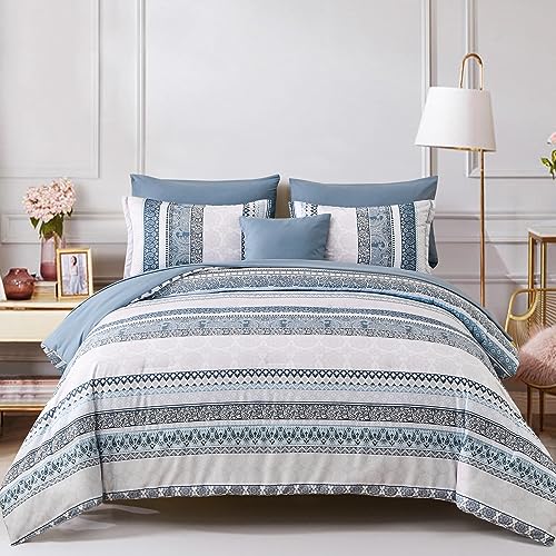 Cottolester Boho Comforter Set King Size Light Blue Comforter Set 8 Piece Bed in a Bag Striped Paisley Bedding Sets Cottolester