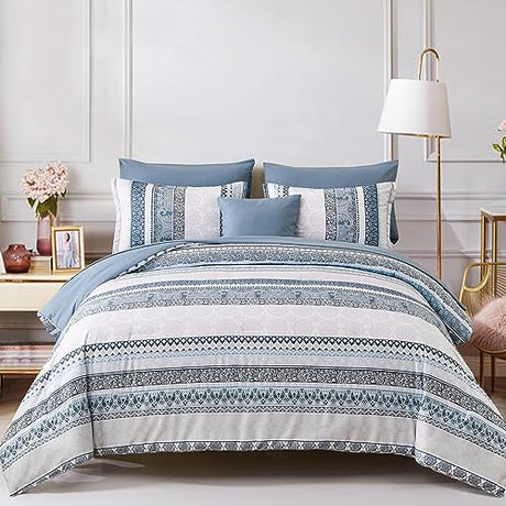 Cottolester Boho Comforter Set King Size Light Blue Comforter Set 8 Piece Bed in a Bag Striped Paisley Bedding Sets Cottolester