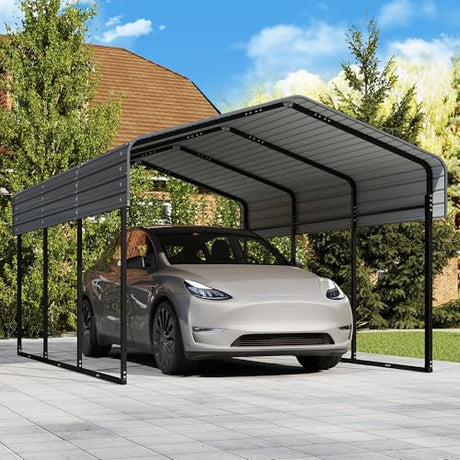 10x15FT Heavy Duty Metal Carport Canopy with Galvanized Steel Roof, Multi-Use Shelter Outdoor Garage for Car, Boat, Party,Gray PURARELAX