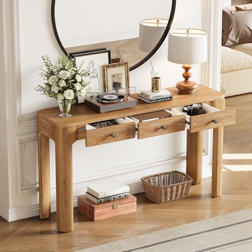 Merax 52" Console Table with 3 Drawers, Rustic Entryway Table with Curved Corners, Narrow Long Sofa Table for Living Room, Hallway, Entrance, Behind Couch, Foyer, Sturdy Thick Legs, Natural Merax