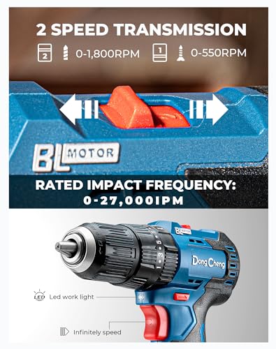 DongCheng 20V MAX Brushless Cordless 1/2" Hammer Drill Kit, 2 Batteries and Charger, 20+1+1 Metal Clutch, 435 in.lbs, 27000 IPM Compact Impact Drill for Drilling Brick Wall, Metal, Wood, Scre - WoodArtSupply