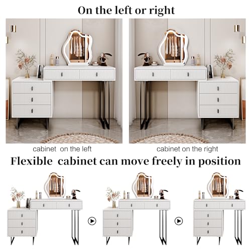 Ieejdn White Vanity Desk with Mirror and Lights,Small Makeup Vanity with 5 Drawers，Modern Makeup Table with Adjustable Cabinet for Bedroom,Makeup Room Ieejdn