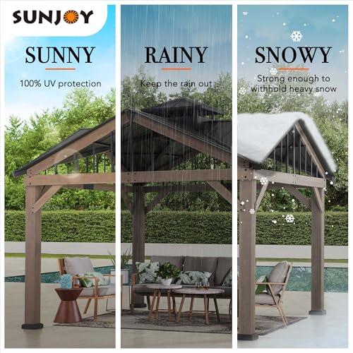 Sunjoy 12 x 12 ft. Hardtop Gazebo 2-Tier Wooden Frame Outdoor Gazebo with Ceiling Hook for Patio, Backyard, and Garden, Brown Sunjoy